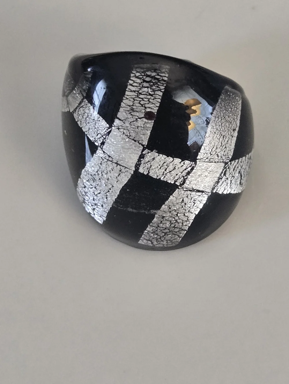 Chunky Black Silver Acrylic Statement Ring Size 7 Artisan Modern